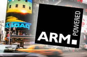 Combination of a scene outside the NASDAQ building in NYC and the old-school Arm Powered logo